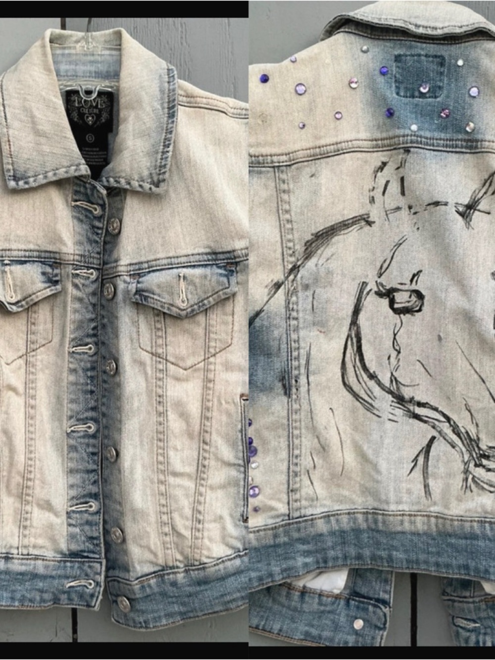 Love Culture Light Washed Blue Hand Decorated Denim Jacket with Black Label